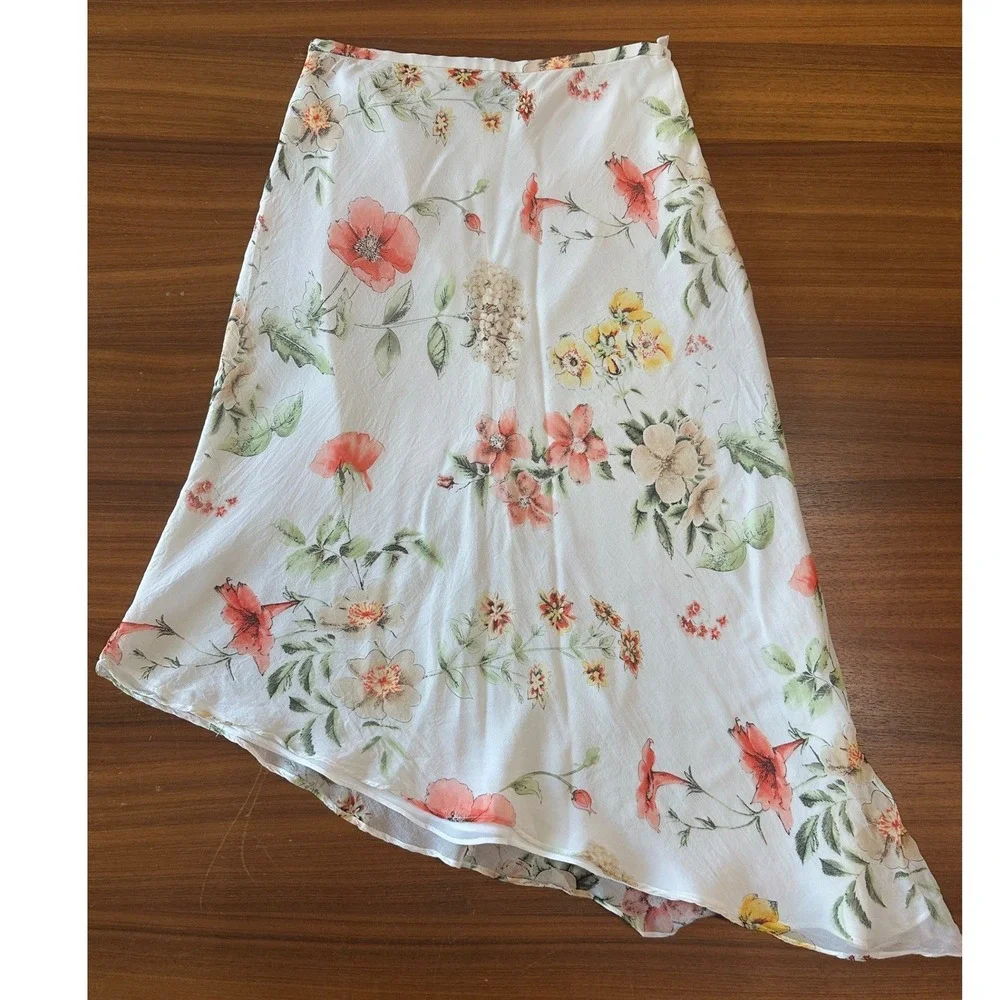 Y2K Silk Asymmetrical Hem Midi Skirt Spenser Jeremy 8 White Floral  Fairycore